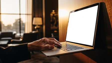 Close-up of male hands using laptop with blank white screen in cafeの写真素材