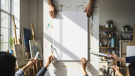 Artists Hand Drawing Painting Picture Frame Workplace Creativity Design Conceptの写真素材