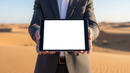Mockup image of a businessman holding digital tablet with blank screen in the middle of the desertの写真素材
