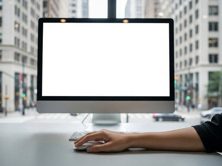Mockup image of woman's hands using computer with blank white screen on table in cityの写真素材