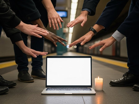 Group of business people using laptop computer with blank white screen while standing in subway stationの写真素材