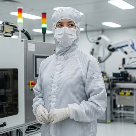 Portrait of a female scientist in protective clothing standing in a laboratoryの写真素材