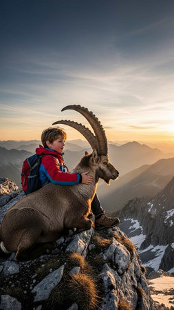 A young boy in a red jacket sits with a large goat on a rocky mountain peak, enjoying a serene sunset view with snow-capped mountains in the background.の写真素材