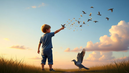 A young boy stands in a serene field, releasing a toy airplane as birds fly away, symbolizing freedom and happiness in a beautiful outdoor setting at sunset.の写真素材