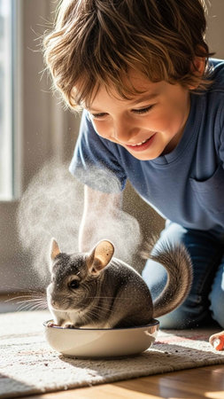 A young boy smiles as he watches a chinchilla eat from a bowl on the floor, in a cozy indoor setting with natural light.の写真素材