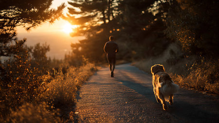 A man jogs along a serene road with his dog at sunset, surrounded by trees and warm golden light, evoking a sense of freedom and companionship.の写真素材