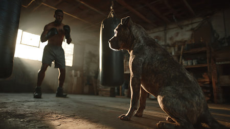 A shirtless boxer wearing gloves practices in a dimly lit gym with a large dog sitting nearby, surrounded by punching bags and natural light from a window.の写真素材