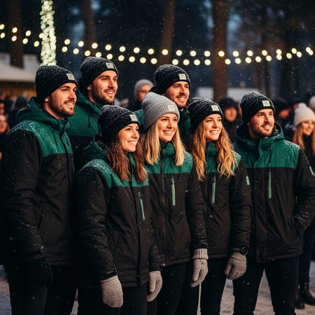 A group of seven young adults, dressed in matching black and green winter coats, stand together smiling in a snowy outdoor setting at night, surrounded by festive lights and a crowd.の写真素材