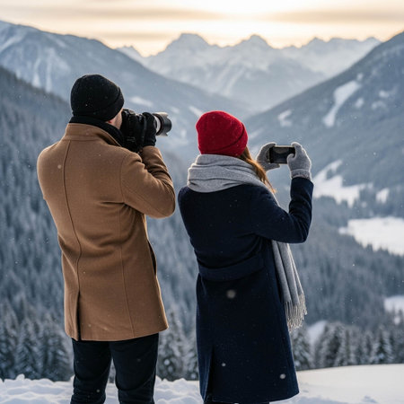 A man and woman, dressed in warm winter clothing, stand on a snowy hill, taking photos of a breathtaking mountain landscape with their camera and smartphone.の写真素材
