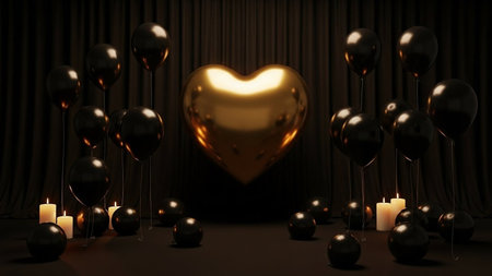 A luxurious setting featuring a large gold heart balloon surrounded by black balloons and lit candles, creating a warm and intimate ambiance perfect for special occasions.の写真素材