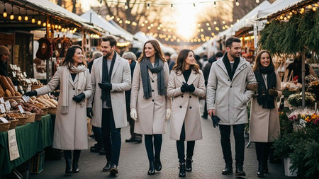 Group of friends in warm coats and scarves strolling through a festive winter Christmas market with stalls selling food and flowers under string lights.の写真素材