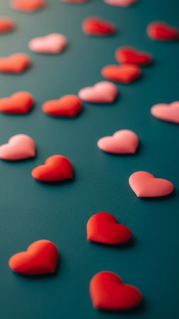 A vibrant and festive arrangement of red and pink heart-shaped candies scattered on a teal background, perfect for Valentine's Day or love-themed celebrations.の写真素材