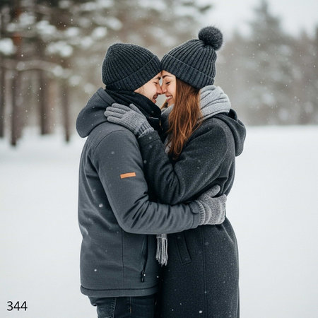 A tender moment of a young couple embracing in a snowy winter landscape, both wearing warm clothing and knit hats, conveying love and warmth.の写真素材