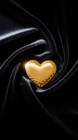 A luxurious golden heart-shaped pendant rests on a soft, black velvet fabric, showcasing its intricate details and shiny surface, perfect for Valentine's Day or romantic occasions.の写真素材