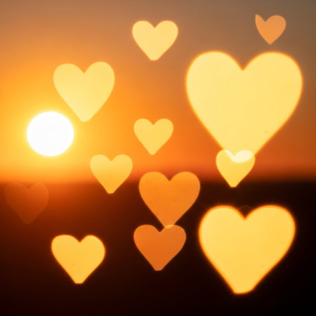A serene sunset scene with a bright sun and multiple golden hearts floating in the air, creating a warm and loving atmosphere.の写真素材