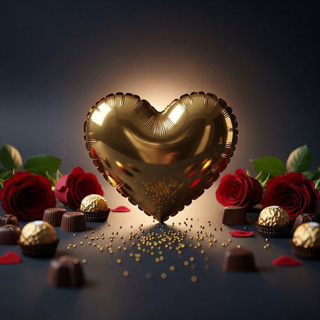 A luxurious arrangement featuring a shiny gold heart-shaped balloon surrounded by red roses and assorted chocolates on a dark surface, perfect for Valentine's Day or romantic occasions.の写真素材