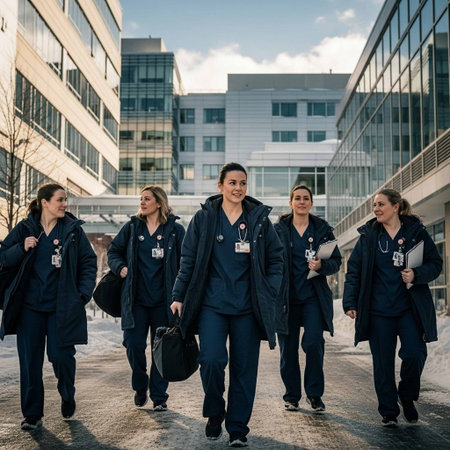 A group of five female nurses in dark blue scrubs and coats walk together outside a modern hospital building, conveying a sense of camaraderie and professionalism in the healthcare field.の写真素材