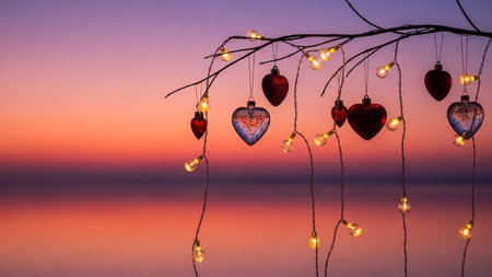 A serene scene of Christmas ornaments and string lights hanging from a tree branch against a vibrant sunset backdrop, reflecting on calm water, evoking a peaceful holiday atmosphere.の写真素材