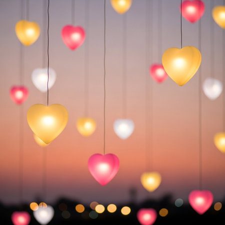 A romantic display of heart-shaped lights in various colors hang against a vibrant sunset backdrop, creating a warm and cozy ambiance perfect for Valentine's Day or weddings.の写真素材