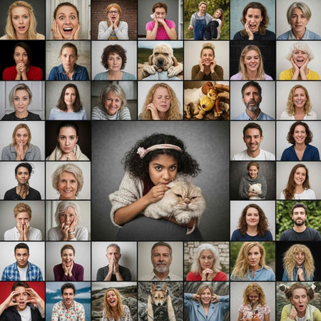A large collage of various individuals, including children and adults, displaying a range of surprised and shocked expressions, with a central image of a girl with a cat.の写真素材