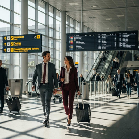 A well-dressed couple walks through a bustling airport terminal, carrying luggage and navigating through the busy travel area with ease and confidence.の写真素材