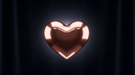 A sleek, rose gold heart glows against a dark background, creating a romantic and luxurious visual effect with its shiny surface and soft illumination.の写真素材