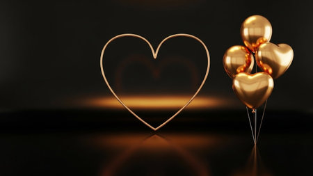 A golden wire heart frame sits beside a cluster of shiny golden heart-shaped balloons on a dark reflective surface with a warm glow.の写真素材
