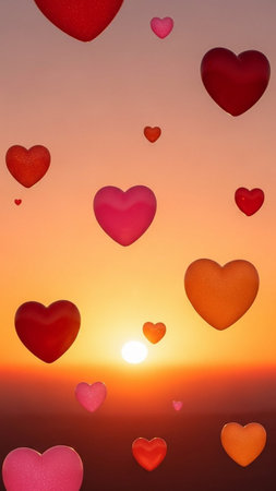 A serene sunset scene with numerous red, pink, and orange hearts floating gently across the vibrant sky, creating a romantic and peaceful atmosphere.の写真素材