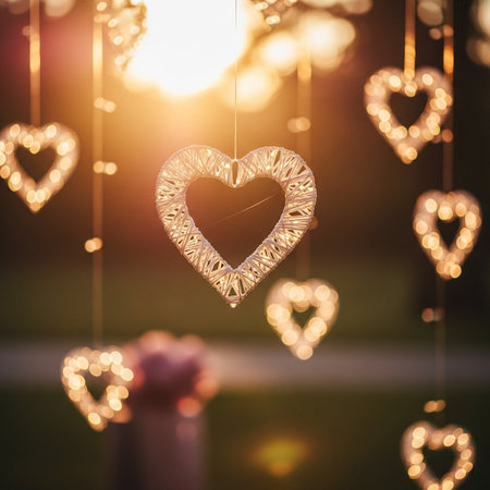 A collection of heart-shaped decorations hang from strings, illuminated by warm golden light, creating a romantic and cozy ambiance perfect for Valentine's Day or weddings.の写真素材