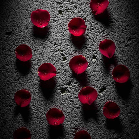 A dramatic close-up of scattered red rose petals on a dark gray textured surface, illuminated by a spotlight, with water droplets adding a touch of freshness and romance.の写真素材