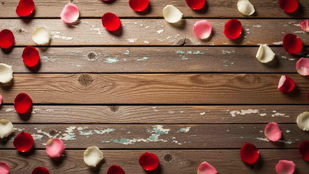 A romantic arrangement of red, pink, and white rose petals scattered on a weathered wooden surface with peeling paint, creating a beautiful and rustic backdrop with ample copyspace for creative projects.の写真素材