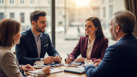 Four colleagues in business attire sit around a wooden table, engaged in a meeting discussion with notebooks, pens, and a coffee cup, in a modern office setting with a city view.の写真素材