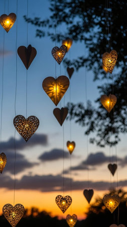 A romantic display of heart-shaped lanterns hanging from trees against a serene sunset sky with warm orange and blue hues, evoking a sense of love and tranquility.の写真素材