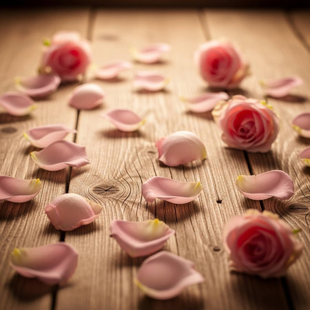 A serene arrangement of pink rose petals and flowers scattered on a rustic wooden table, evoking a sense of calmness and romance in a natural setting.の写真素材