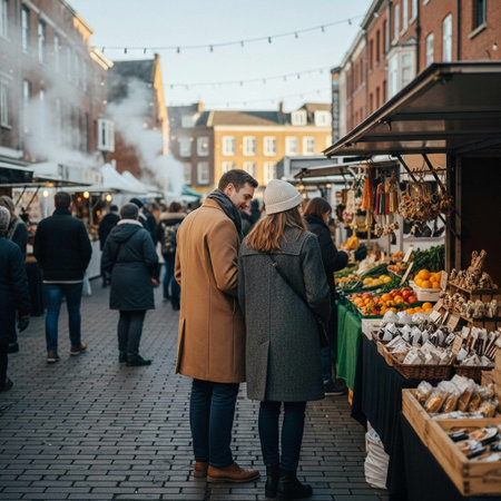 A young couple in warm winter clothing browses a vibrant outdoor market filled with fresh produce, bread, and other goods, surrounded by people and historic buildings.の写真素材