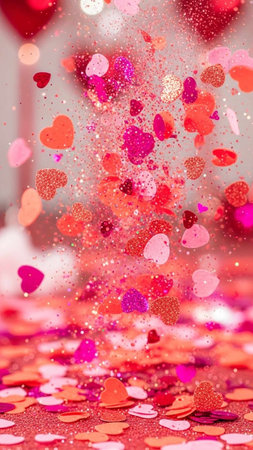 A vibrant and festive scene featuring red and pink heart-shaped confetti and glitter, perfect for Valentine's Day or romantic celebrations, conveying love and joy.の写真素材