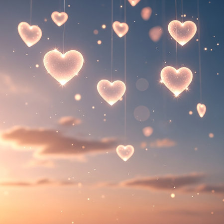 A serene and romantic scene featuring glowing hearts suspended in the air against a breathtaking sunset sky with warm hues and fluffy clouds, evoking feelings of love and tranquility.の写真素材