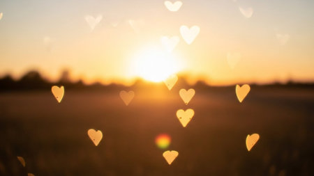 A serene sunset scene with heart-shaped lens flares floating above a peaceful field, evoking feelings of love and tranquility during golden hour.の写真素材