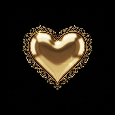 A luxurious golden heart-shaped ornament with intricate filigree details and a shiny surface, set against a sleek black background, evoking feelings of love and elegance.の写真素材