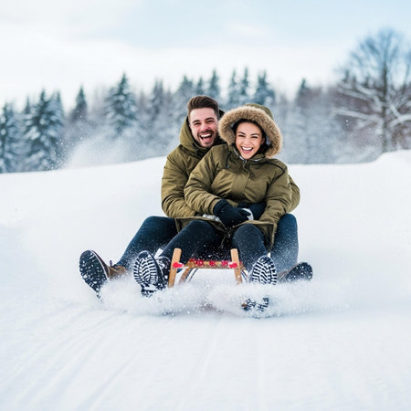 A smiling young couple enjoys a thrilling sled ride down a snowy hill, surrounded by snow-covered trees and a serene winter landscape, exuding joy and excitement.の写真素材