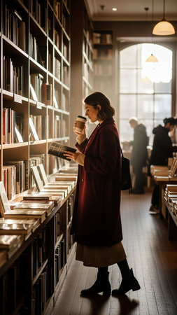 A woman in a long red coat browses books on a shelf in a cozy library, holding a coffee cup and wearing black boots, with other patrons in the background.の写真素材