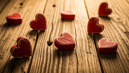 A collection of small, red, wooden hearts scattered on a rustic wooden table, evoking a sense of love and warmth, perfect for Valentine's Day or romantic occasions.の写真素材