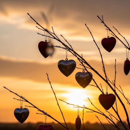 A serene scene of heart-shaped ornaments suspended from bare tree branches against a vibrant sunset backdrop, evoking feelings of love and tranquility.の写真素材