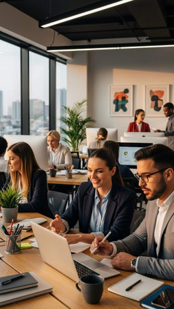 A group of business professionals are engaged in a meeting, working on laptops and taking notes in a modern office with a city view, surrounded by plants and artwork.の写真素材