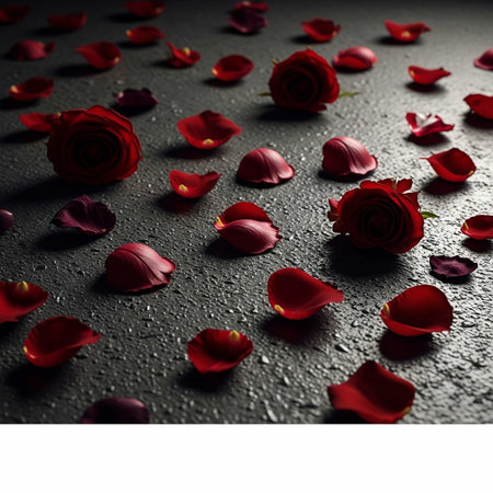 A beautiful and intimate arrangement of red roses and scattered petals on a dark gray surface, evoking feelings of love and romance.の写真素材
