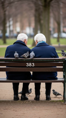 A serene scene of an elderly couple sitting on a park bench, surrounded by trees and birds, conveying a sense of companionship and tranquility in a natural setting.の写真素材