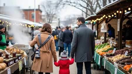 A family of three, dressed in warm winter clothing, walks through a bustling outdoor market filled with vibrant produce stalls and twinkling lights on a chilly day.の写真素材