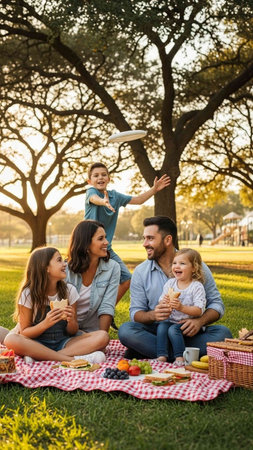 A joyful family of four spends quality time together on a picnic blanket in a park, with children playing and laughing while parents relax and enjoy each other's company.の写真素材