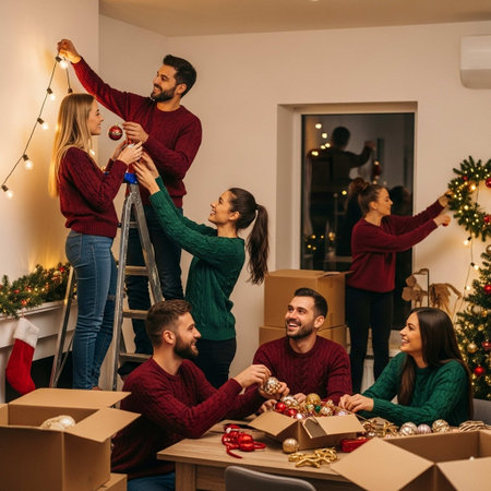 A group of friends in matching sweaters decorate their home for Christmas, hanging lights and ornaments, and organizing decorations in a festive and joyful atmosphere.の写真素材