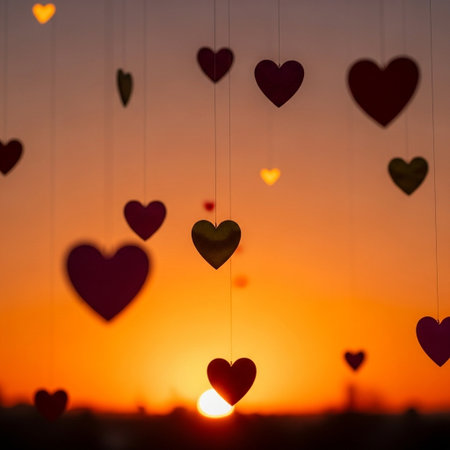 A romantic scene featuring heart-shaped decorations hanging against a stunning sunset sky with warm orange and yellow hues, perfect for Valentine's Day or love-themed concepts.の写真素材